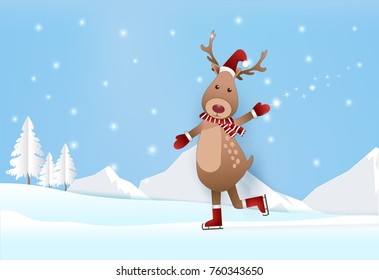 Beautiful season with deer on skating and snow, pine tree paper art background. Winter season paper cut style illustration