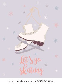 Beautiful seasonal greeting card featuring skates, lacy stars and snowflakes on a light purple background. Vector hand drawn illustration with isolated objects in pastel colors.