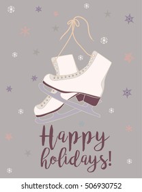 Beautiful seasonal greeting card featuring skates, lacy stars and snowflakes on a grey purple purple background. Vector hand drawn illustration with isolated objects in pastel colors.