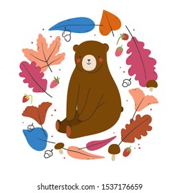 Beautiful seasonal illustration - Friendly Brown Bear in round wreath with Autumn Leaves. Cute vector wild animal illustration.