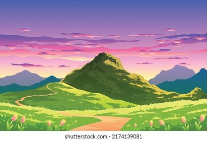 Beautiful Seasonal Nature Mountain Landscape Illustration