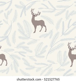 Beautiful seasonal/Christmas pattern featuring a reindeer and pine branches on a light background. Hand drawn illustration with isolated elements.