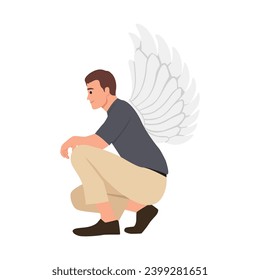 A beautiful and self confident businessman with wings. Kneeling down. Flat vector illustration isolated on white background