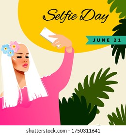 Beautiful selfie girl holiday background. Modern stylish summer fashion illustration. Trendy vector graphic for greeting card, poster design.