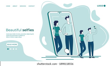 Beautiful selfies.People take selfies with their smartphones.New technologies, ease of use, Happy people, life style.Abstract vector illustration for design and web design.