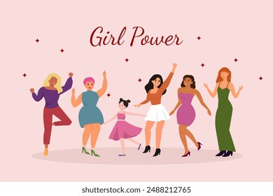 Mujeres hermosas, autosuficientes, fuertes y seguras de sí mismas que celebran y bailan juntas. Anuncio de eslogan de poder femenino. Personajes dibujados a mano Ilustración vectorial colorida