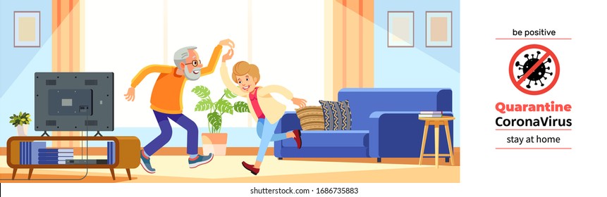 Beautiful senior couple dancing at home and smiling during a coronavirus crisis. The poster must be positive. Covid-19 or coronavirus. Quarantine. The "stay at home". Cartoon vector illustration.