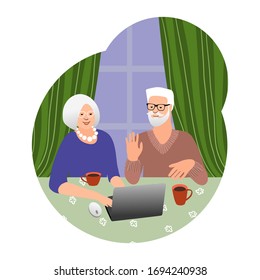 Beautiful senior couple have chat by laptop. Technology spread, remotely education, active social life, online communication. Old people use PC together. Online shopping. Volunteer help.Vector