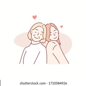 Beautiful senior mom and her adult daughter. Hand drawn style vector design illustrations.