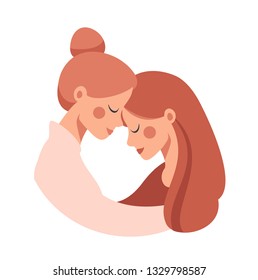 Beautiful senior mother embracing her adult cute daughter with love. Vector concept isolated from white for the Mother's Day