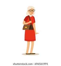 Beautiful senior woman in red dress colorful character vector Illustration