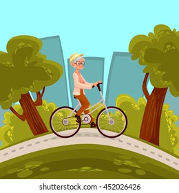 Beautiful senior woman in straw hat riding bicycle in the park, cartoon style vector illustration. Grandmother riding a bike, happy elder woman goes in for outdoor sport, healthy lifestyle in the city