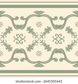 Beautiful Sense of Moroccan Charming Seamless Delicate Scroll Ornament Green Jade on Beige Background Border Pattern. Luxury Cool Summer Desert for Elaborate Decoration Filigree Embroidery Mosaic Lace