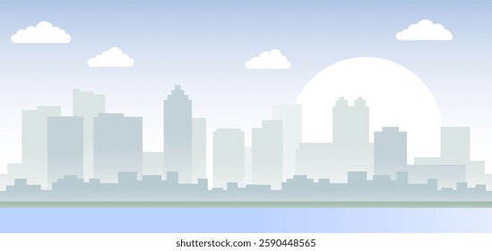 A Beautiful and Serene Cityscape Featuring a Bright Horizon with Soft, Fluffy Clouds Above