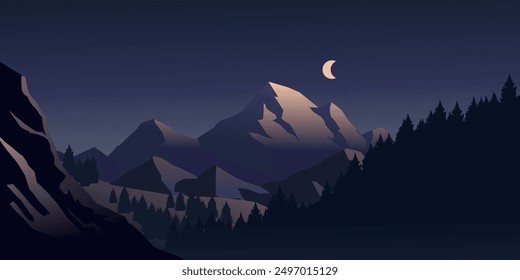Beautiful serene night landscape with mountains and moon