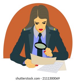 beautiful, serious girl in police uniform checks documents with magnifying glass in her hands. Vector illustration. female officer, uniformed detective reads in document, conducts an investigation.