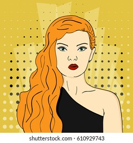 Beautiful and serious girl with red hair on the disco background. Lady in black dress with green eyes. Pop art style 