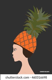 Beautiful serious girl or woman wearing pineapple hat at her had and summer holiday text on a dark grey background. Vector illustration.