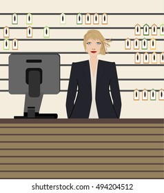 Beautiful serious professional confident caucasian blond female receptionist at hotel reception desk in front of computer, short hair, black business suit jacket, white blouse. Vector illustration