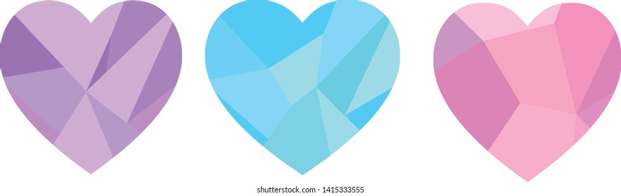 Beautiful set of 3 hearts with abstract simple geometric background. Polygonal mosaic background. Monochromatic color range, minimal texture. Love, heart, romance. Pink. blue, violet. Vector Eps 8.