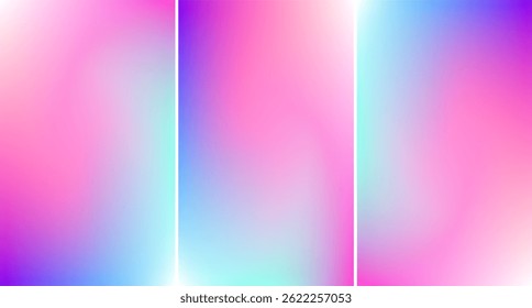 Un hermoso conjunto de 3 Gradientes suaves que mezclan tonos rosa, azul y púrpura. Cada gradiente ofrece una estética de ensueño y pastel perfecta para proyectos de diseño modernos, femeninos o abstractos.