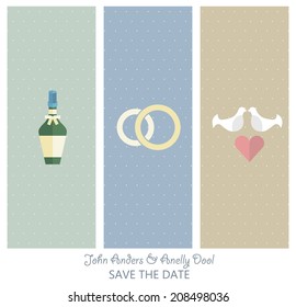 Beautiful set of 3 stylish vertical banners, wedding invitations. Wedding icons set, flat design vector