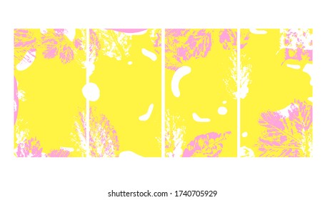 Beautiful set of 4 abstract background patterns with imprint of leaves, spots, splashes. Format for poster, postcard, smartphone wallpaper, stories. Social media stories and post creative set.