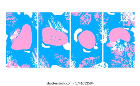 Beautiful set of 4 abstract background patterns with imprint of leaves, spots, splashes. Format for poster, postcard, smartphone wallpaper, stories. Social media stories and post creative set.