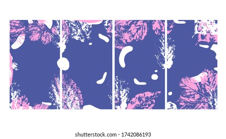 Beautiful set of 4 abstract background patterns with imprint of leaves, spots, splashes. Format for poster, postcard, smartphone wallpaper, stories. Social media stories and post creative set.