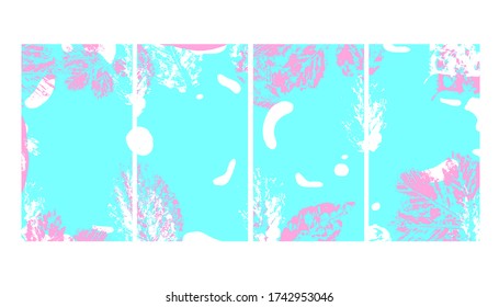 Beautiful set of 4 abstract background patterns with imprint of leaves, spots, splashes. Format for poster, postcard, smartphone wallpaper, stories. Social media stories and post creative set.