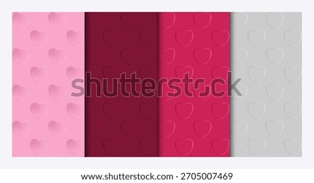 A beautiful set of 4 Valentine's Day patterns with 3D hearts, romantic gradients, and soft shadows. Perfect for wrapping paper, cards, invitations, digital backdrops, or fabric designs.