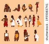 Beautiful set abstract black women. Collection of colorful summer female portraits in trendy minimalistic style. Vector modern illustration.