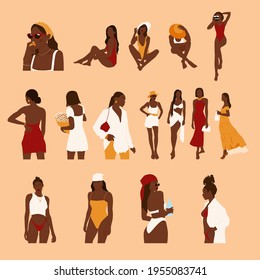 Beautiful set abstract black women. Collection of colorful summer female portraits in trendy minimalistic style. Vector modern illustration.