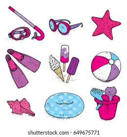 Beautiful set of beach accessories. Ball, baby bucket with toys, inflatable circle, mask and snorkel, ice cream, sunglasses, shell and starfish. Vector illustration. Summer, sea and vacation.