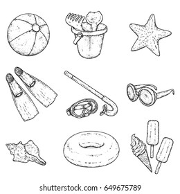 Beautiful set of beach accessories. Ball, baby bucket with toys, inflatable circle, mask and snorkel, ice cream, sunglasses, shell and starfish. Vector illustration. Summer, sea and vacation.