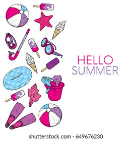 Beautiful set of beach accessories. Ball, baby bucket with toys, inflatable circle, mask and snorkel, ice cream, sunglasses, shell and starfish. Vector illustration. Summer, sea and vacation.