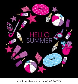 Beautiful set of beach accessories. Ball, baby bucket with toys, inflatable circle, mask and snorkel, ice cream, sunglasses, shell and starfish. Vector illustration. Summer, sea and vacation.