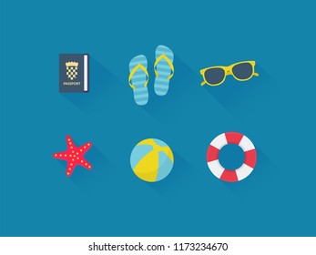 Beautiful set of beach essentials. Vector flat illustration.