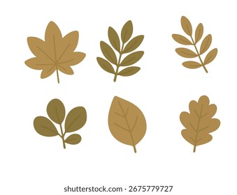 Hermoso conjunto de ilustraciones de hojas botánicas en múltiples colores estacionales: hojas verdes de primavera, follaje de verano, hojas marrones terrosas y tonos naranjas de otoño. Perfecto para invitaciones de boda, otoño