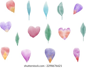 Beautiful set of bouquet of watercolor petals and leaves