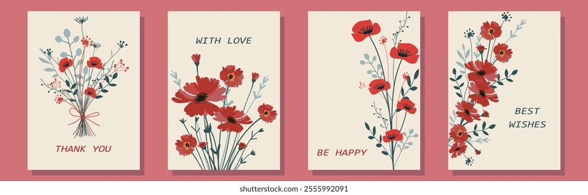 Beautiful set of cards with bouquets of red flowers in a minimalist style. Cards with poppy flowers and green leaves for congratulations. Thank you cards.  Covers for design.