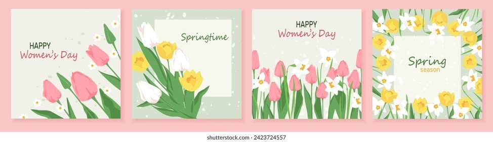 Beautiful set of cards with early spring garden flowers. Frame with blooming tulips and daffodils. Vector template design for banner, invitation, social media post. Spring time floral design elements