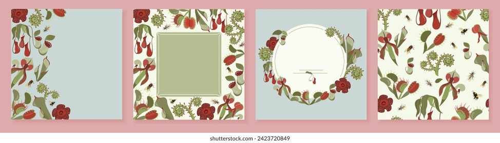 Beautiful set of cards with exotic carnivorous plants. Frame with unusual rare wildflowers Rafflesia, Nepenthes, Venus flytrap. Vector template design. Social media post background