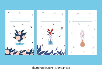 beautiful set of cards with flowers in different vase