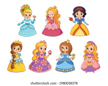 Beautiful set with cartoon princesses. Vector illustration with girls in colorful dresses.