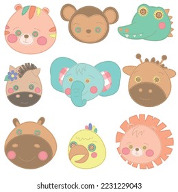 Beautiful set of child style exotic animals. Vector collection. Cute animals head set for children card. Tiger, elephant, hippo, giraffe, lion, and other. Happy animal faces collection. 