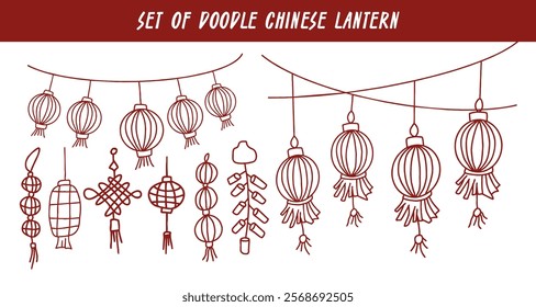 Beautiful set of Chinese lanterns. Chinese culture and traditions. Chinese New Year Decoration set. Great for greeting card, banner, poster. Hand drawn. Doodle style