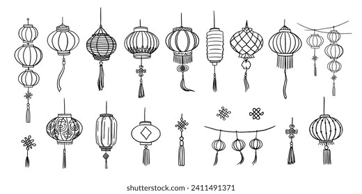 Beautiful set of Chinese lanterns of different shapes and sizes. Chinese culture and traditions. Chinese New Year Decoration. Great for greeting card, banner, poster. Hand drawn. Doodle style