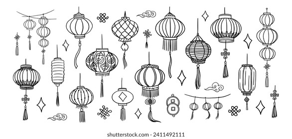 Hermoso conjunto de farolillos chinos de diferentes formas y tamaños. Cultura y tradiciones chinas. Decoración china de Año Nuevo. Excelente para tarjeta de saludo, pancarta, afiche. Dibujado a mano. Estilo Doodle