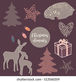 Beautiful set of Christmas elements for your design. Isolated objects and wild elements on a dark background. 